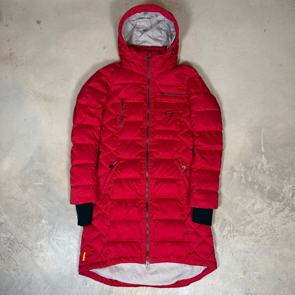 Lole Womens XS Red Quilted Down Long Puffer Coat Hooded Parka Jacket